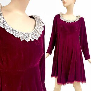 Vintage Dark Red Velvet Mini Dress Empire Lace Ruffle Long Sleeve Mod M/L